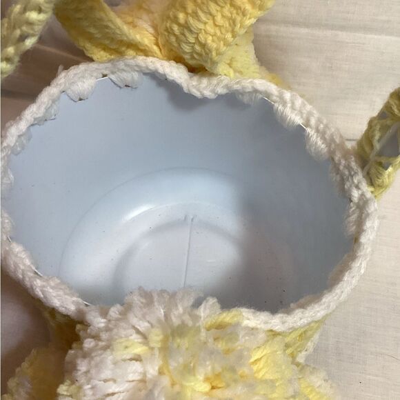 Bunny Easter Basket Handmade Yellow & White Yarn Crochet with Pom Poms - Picture 8 of 12